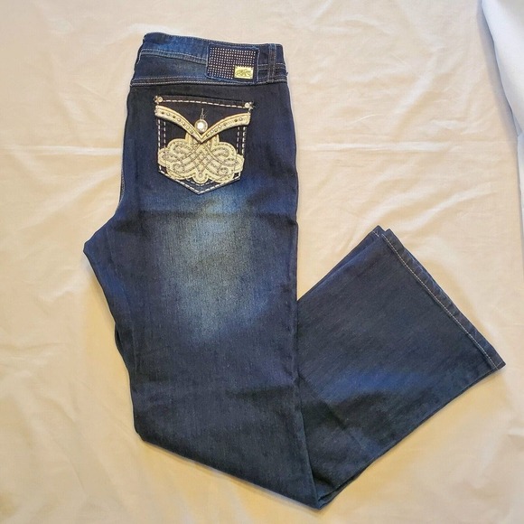 one 5 one Denim - One 5 One Women's Size 14 Plus Jeans Embellished Pockets Dark Wash Flare Leg
